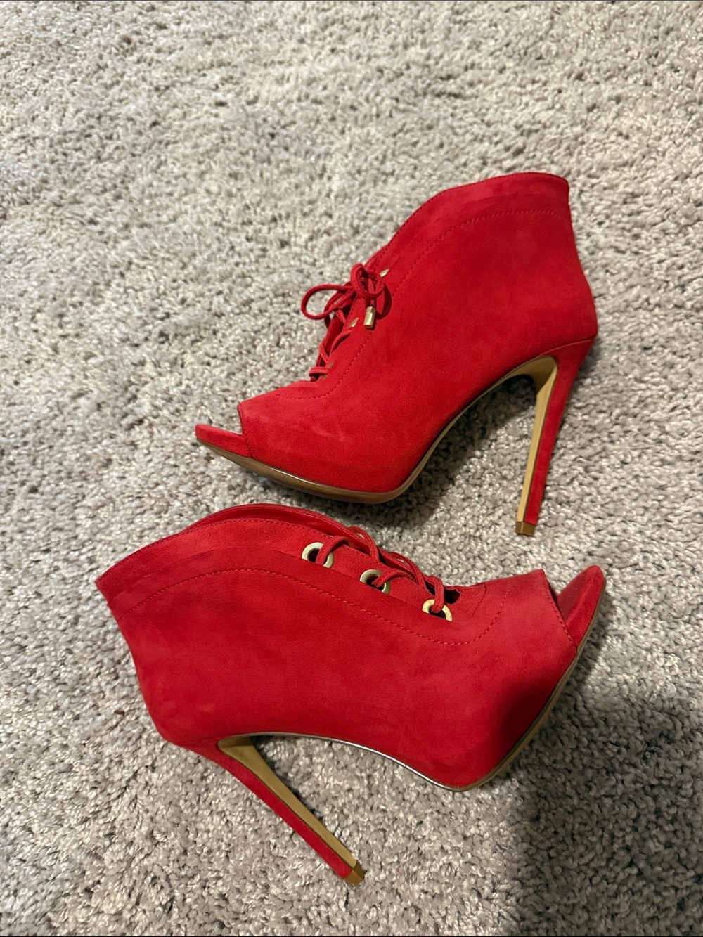 Guess Red Suede Peep-Toe Lace-Up Stiletto Booties